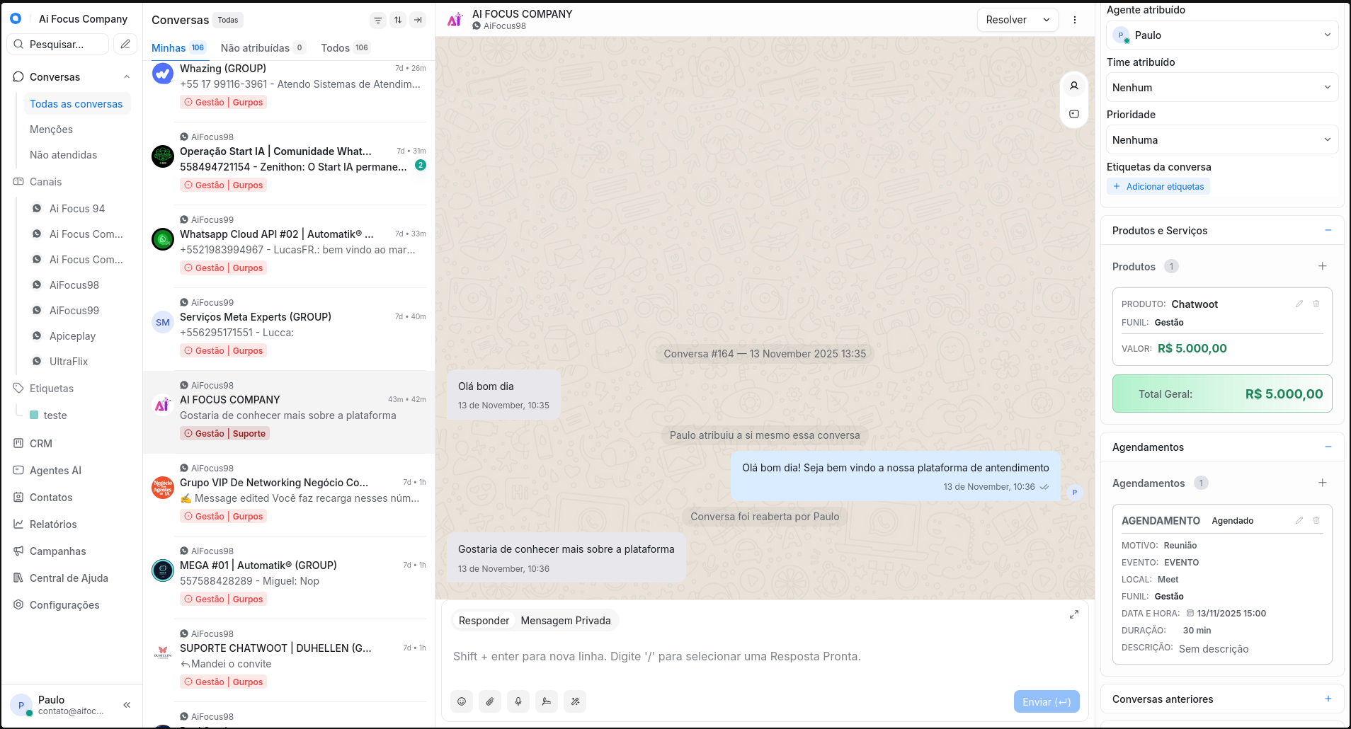 Gestão de produtos e agendamentos integrada às conversas