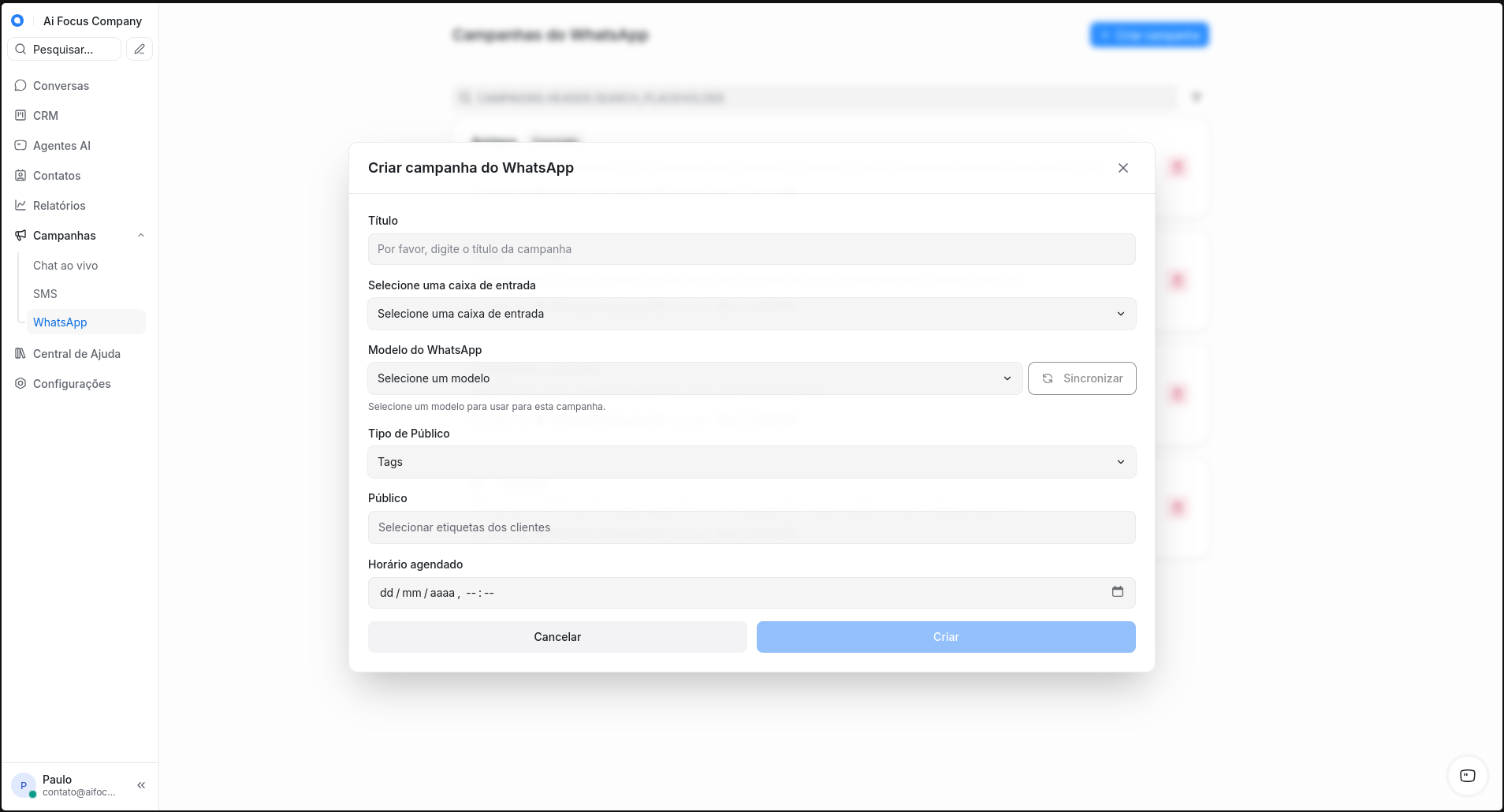 Interface de criação de campanhas WhatsApp