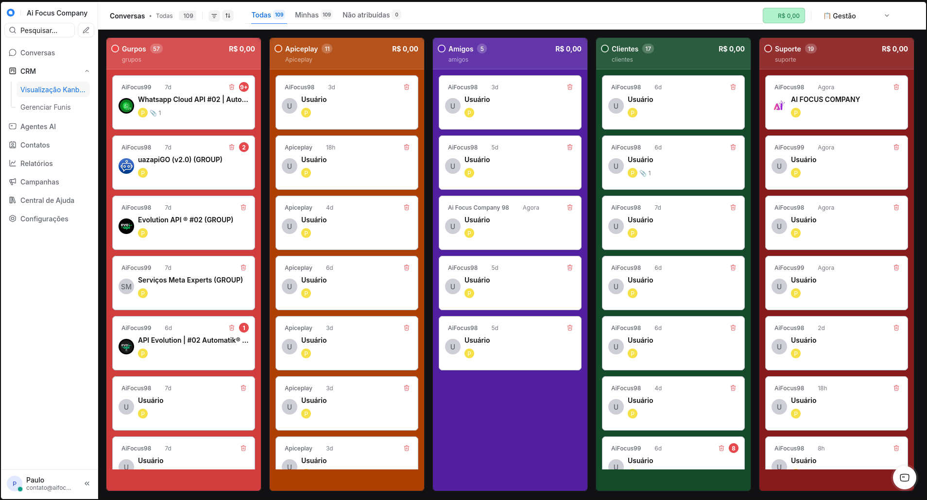 Visualização Kanban do Chatwoot com múltiplos funis