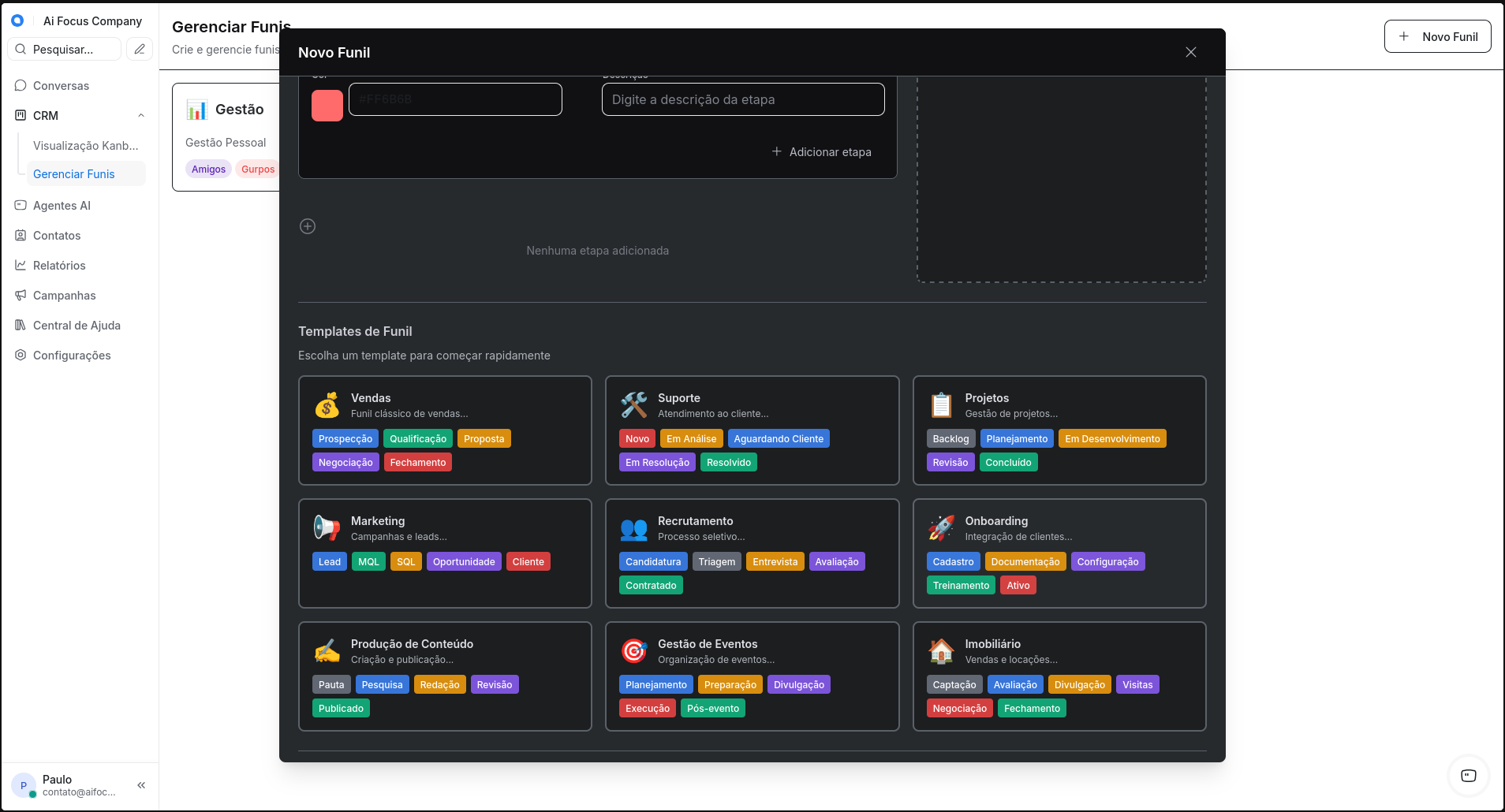 Templates de funis: Vendas, Suporte, Projetos e mais